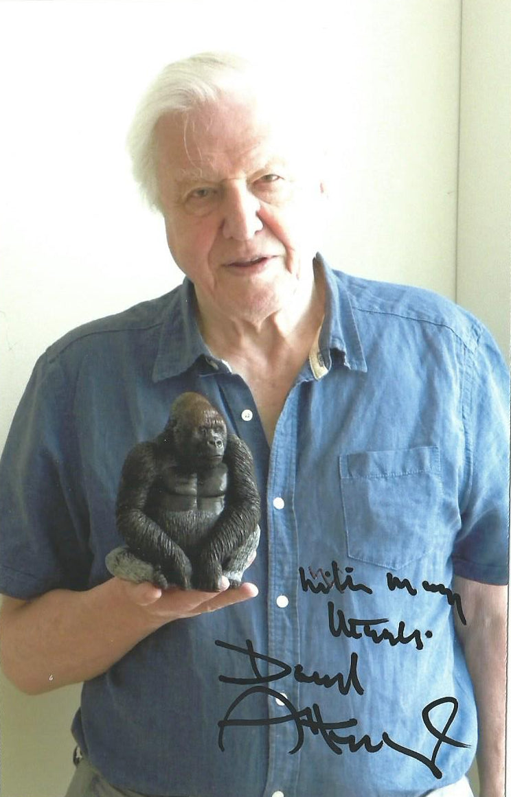 Sir David Attenborough holding one of my Gorilla sculptures