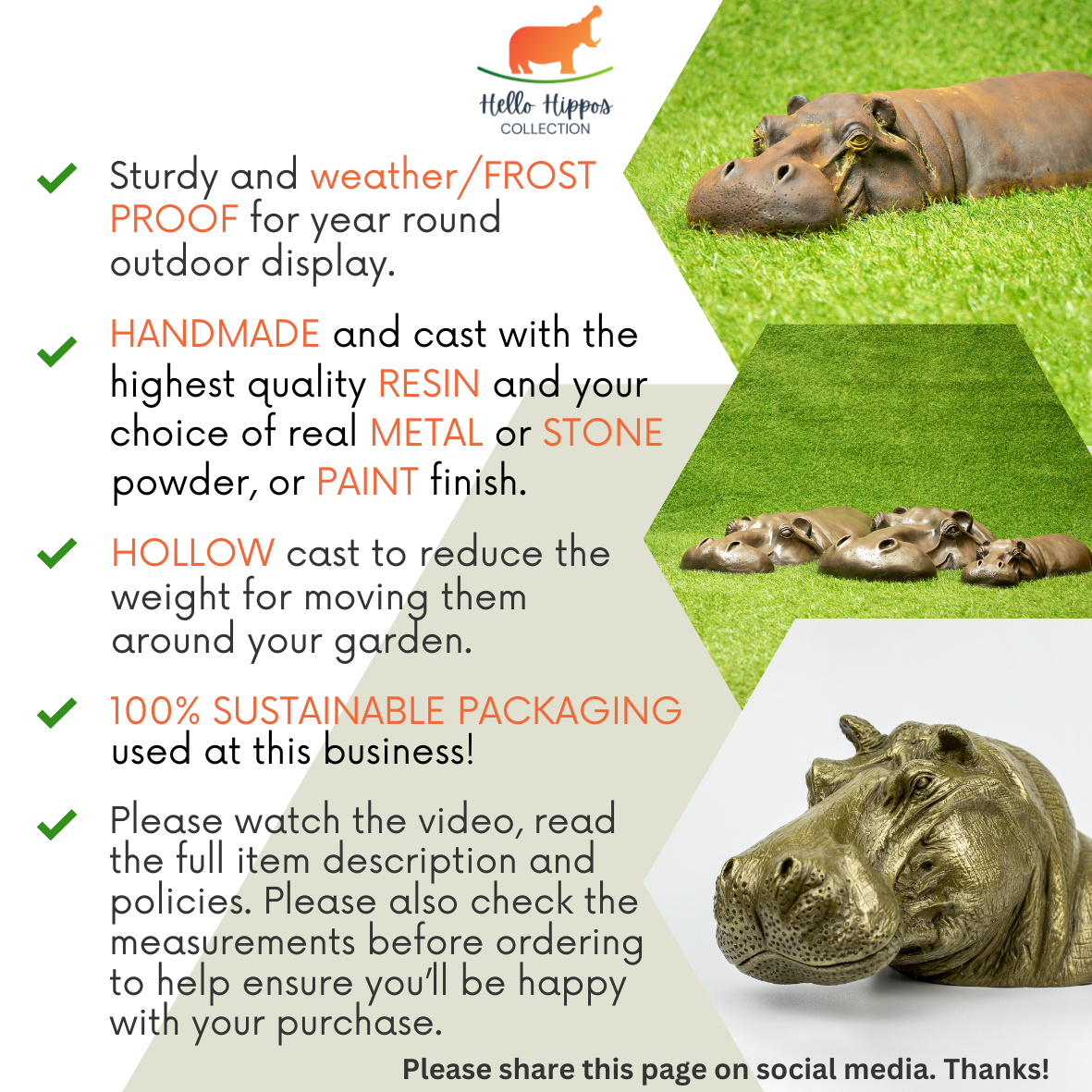 MWP Studio Handmade Hippo Garden Oranment Listing Infographic
