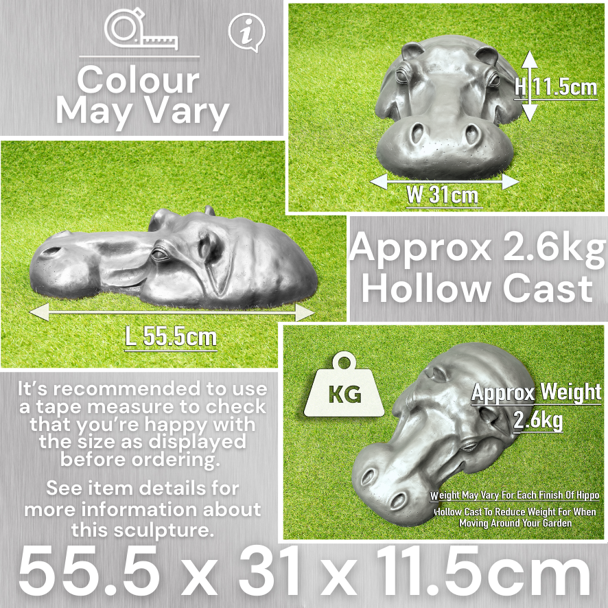 Handmade Aluminium Silver Hippo Head Size And Weight Infogrphic